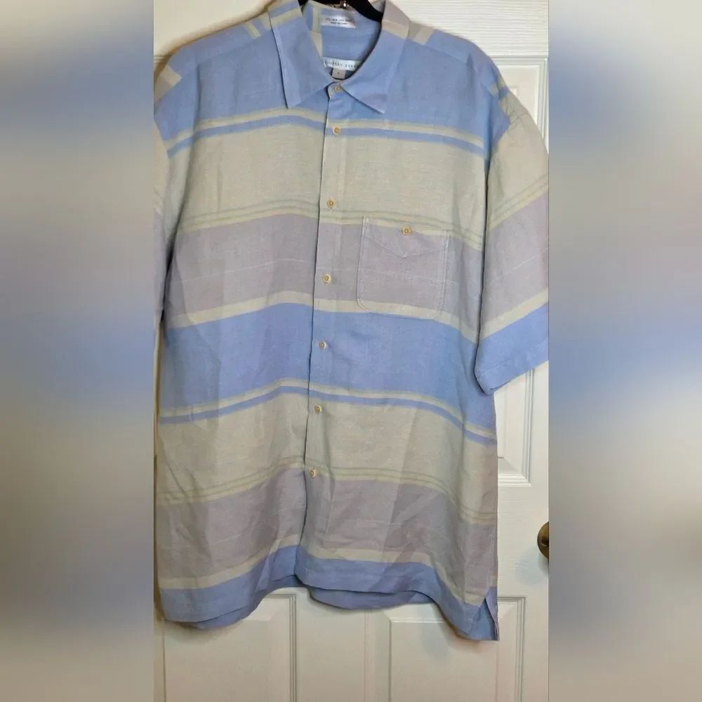 Geoffrey Beene XL Striped LightBlue Cream ShrtSlv LINENBlend  ButtonUp Men Shirt